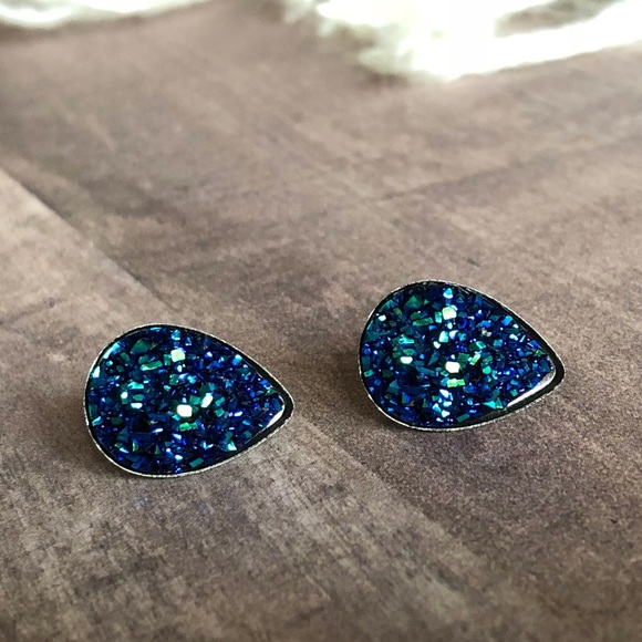 Blueberry Faux Druzy Teardrop Stainless Earrings - Picture 9 of 14